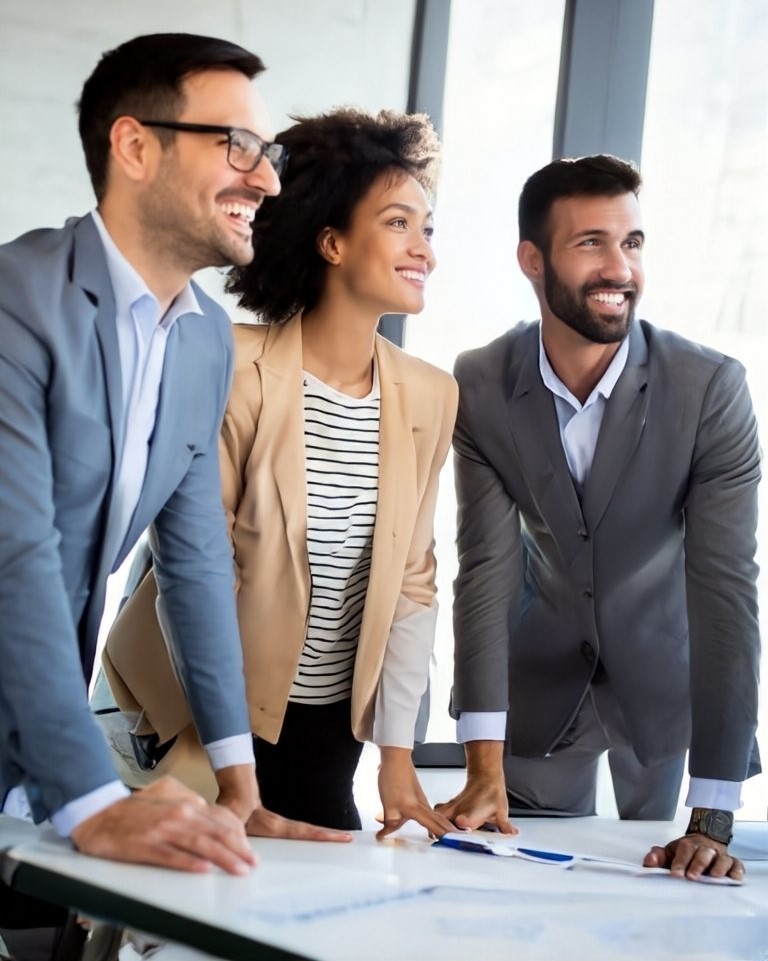 Joyful leaders standing at a desk looking out